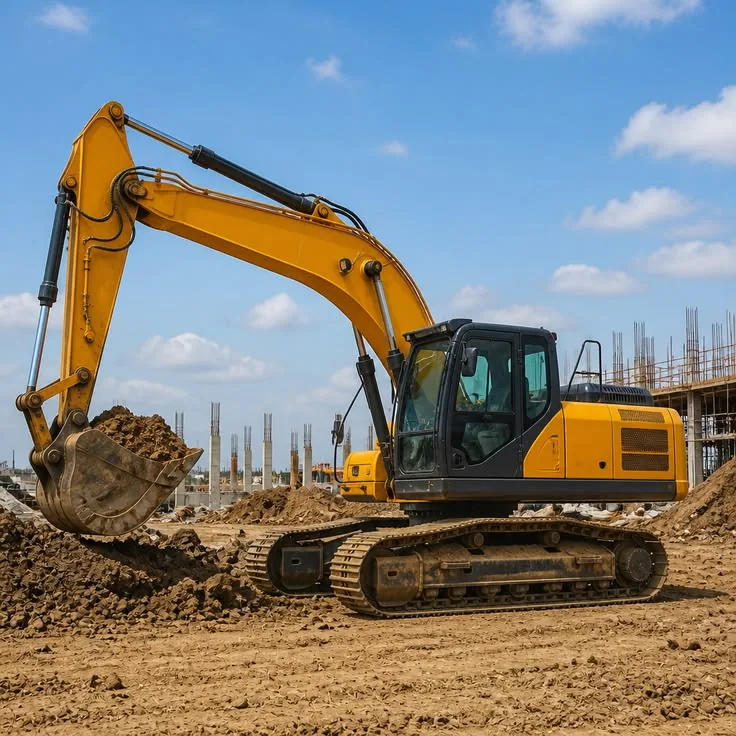 Yellow excavator digging at a construction site