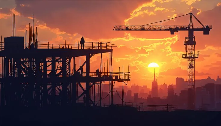 Silhouette of a construction site and tower crane at sunset
