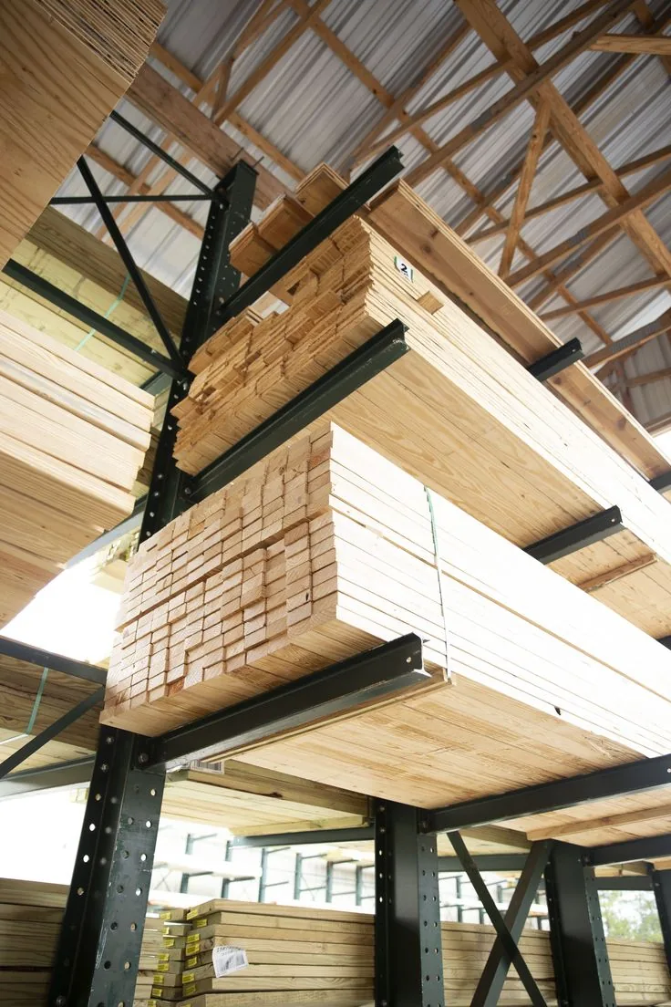 Stacks of lumber on a warehouse rack