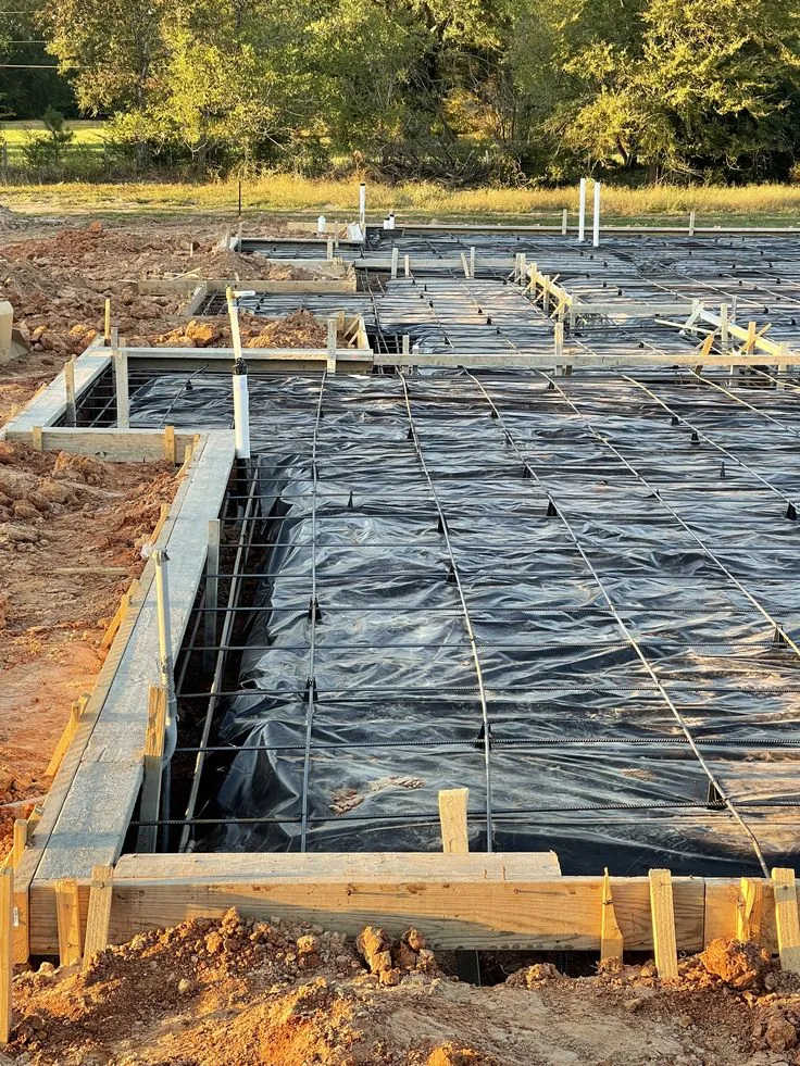 Slab foundation with rebar and vapor barrier ready for concrete