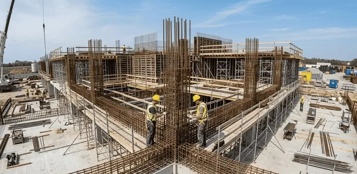 Crew working on a reinforced concrete structure