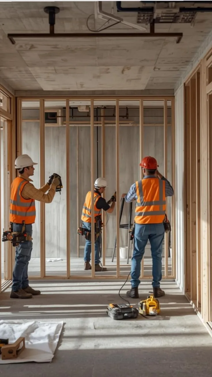 Workers framing interior walls