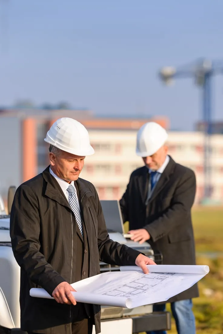 Two engineers reviewing plans on site